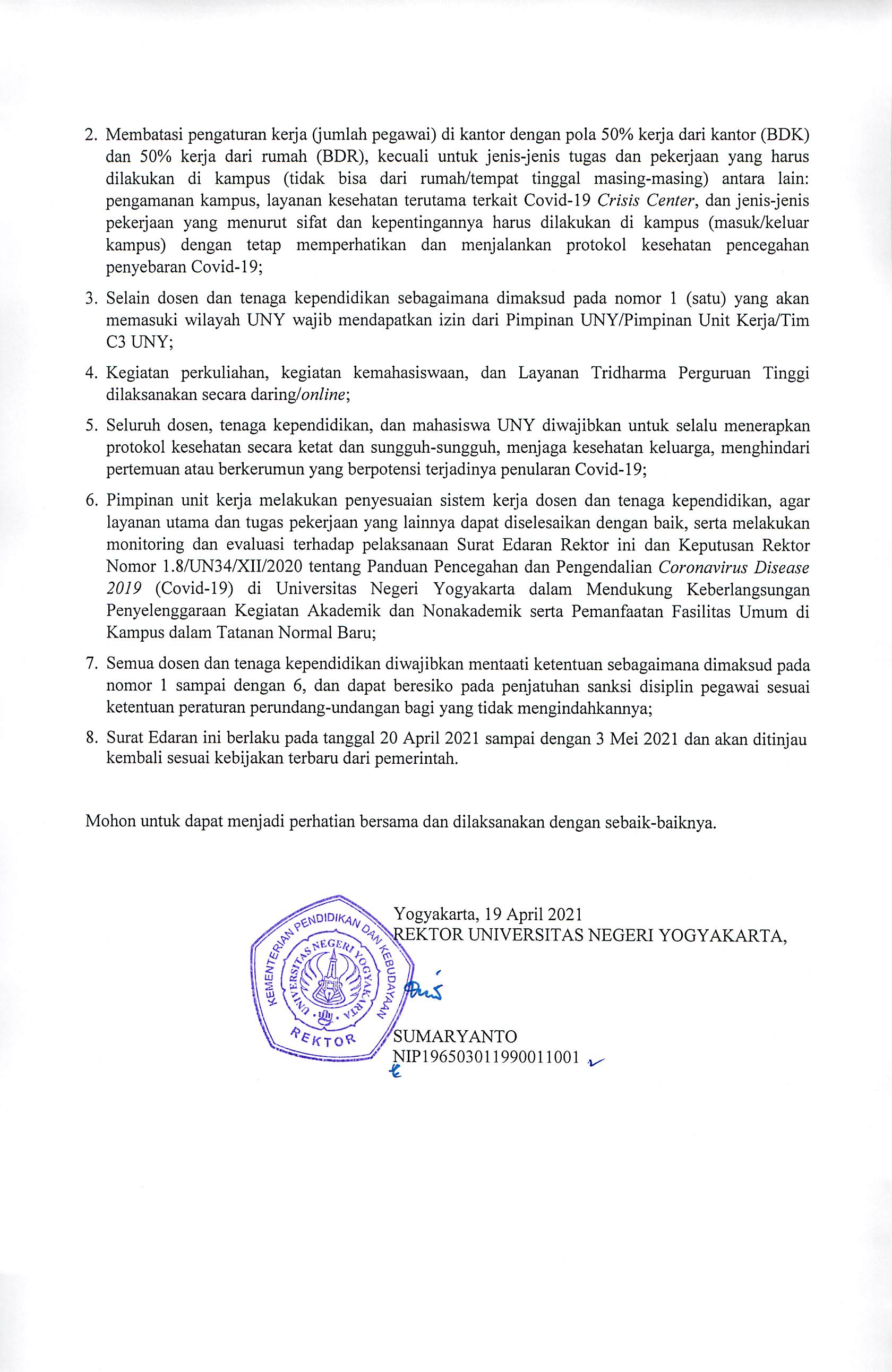 SURAT EDARAN NO. 14/SE/2021 TENTANG TATA KERJA DAN LAYANAN UNY DALAM ...